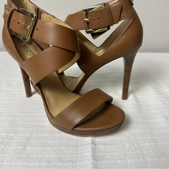 Michael Kors Brown Leather Strappy Stiletto Heels gold hardware - Picture 6 of 16